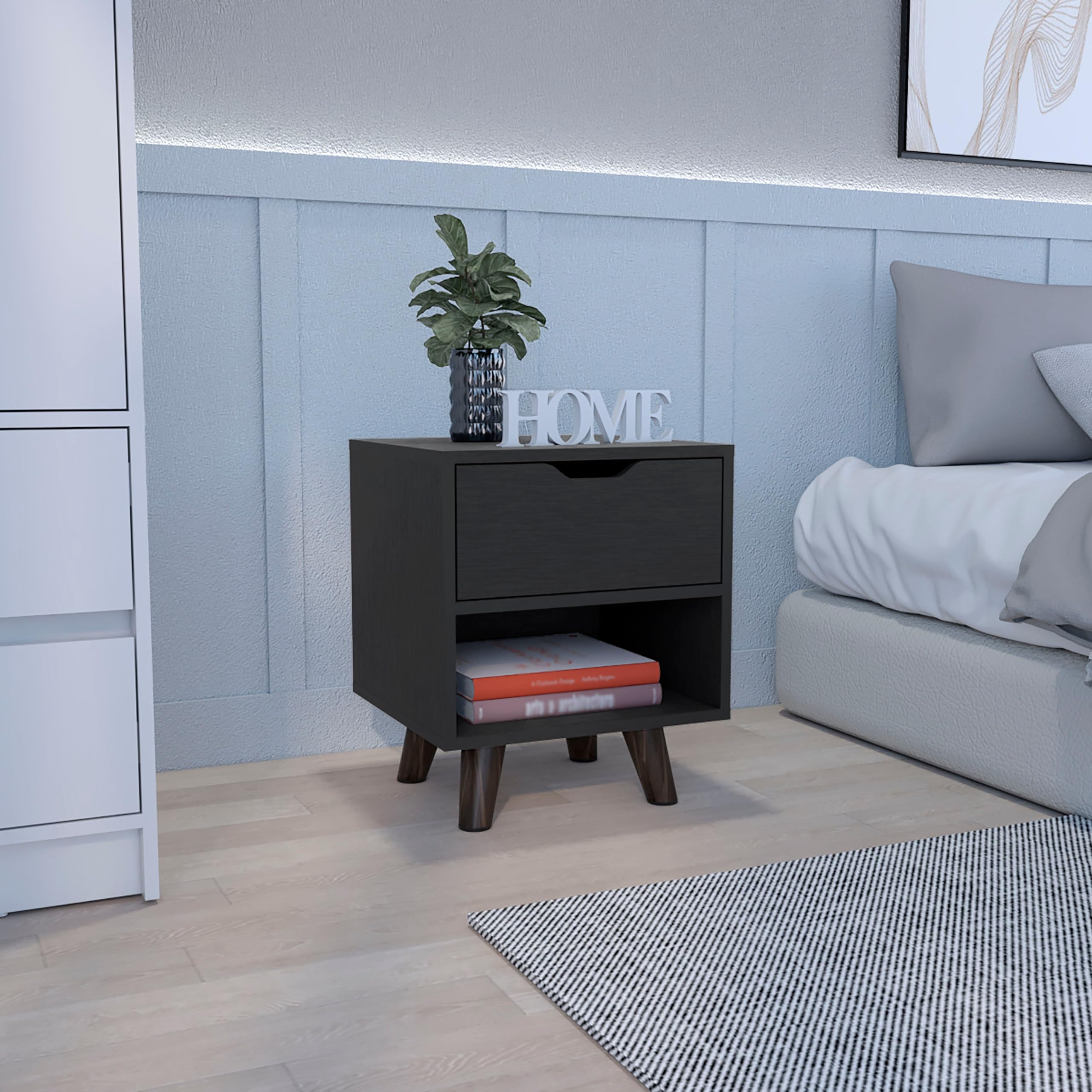 Modern Nightstand 19" H With Spacious Drawer, Open Storage Shelf And Chic Wooden Legs, Black